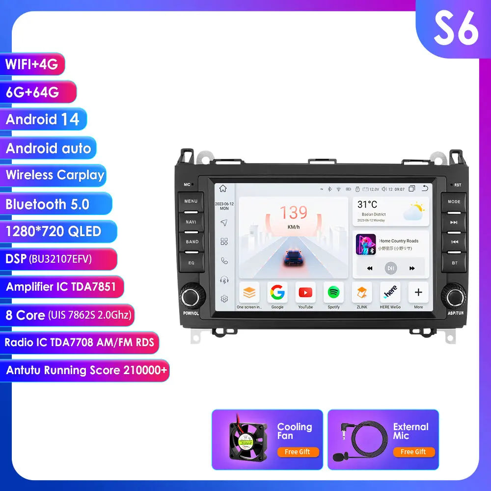 Mercedes Benz B200 Sprinter W906 W639 AB Class W169 W245 Viano Vito 7" Android 14 Carplay Android auto wireless wifi bt gps 4g  AUTM24A2g