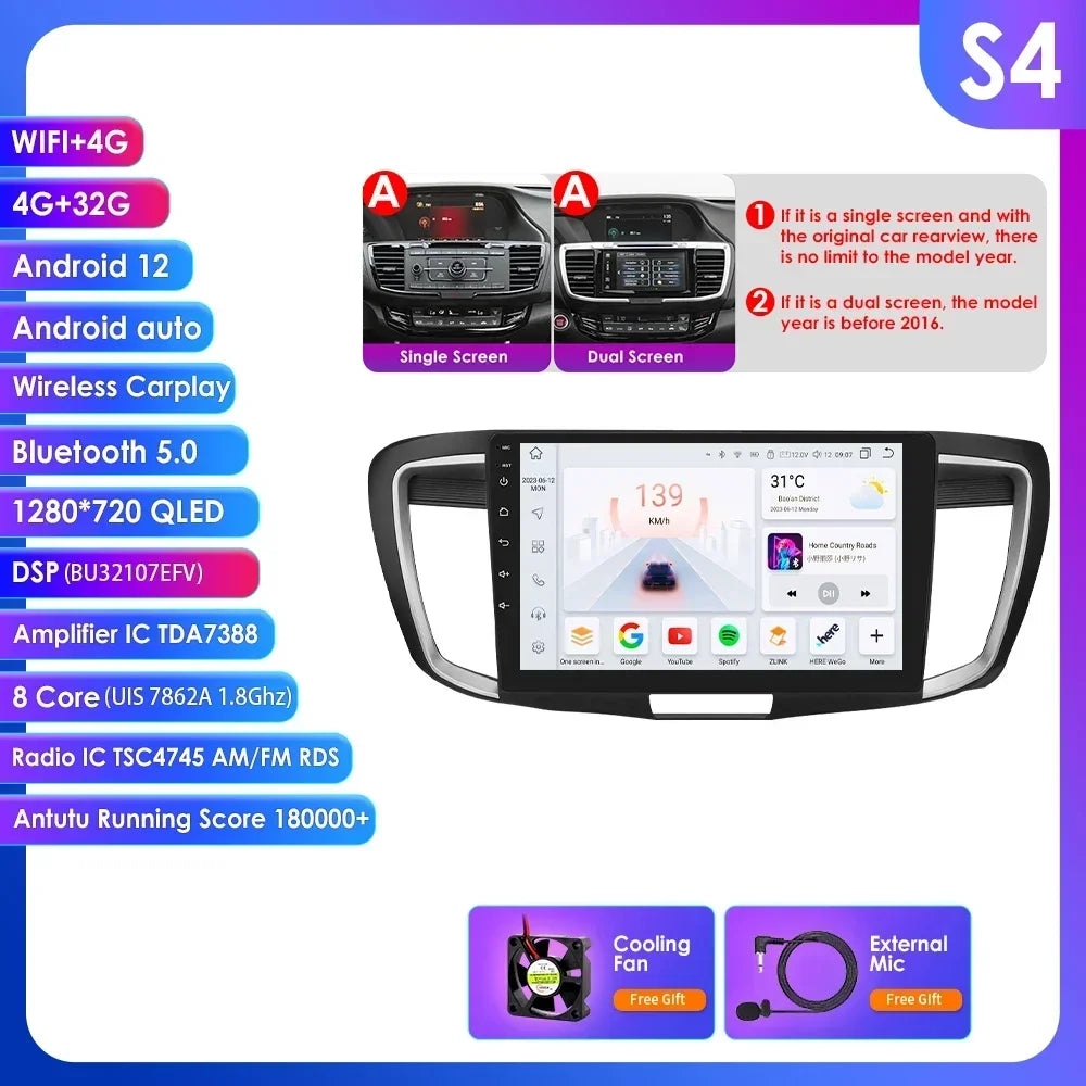 Honda ACCORD 9 2.0L 2.4L 2012  -2018  9"  Android 14 Carplay Android auto wireless wifi bt gps 4g  AUTMA22DH