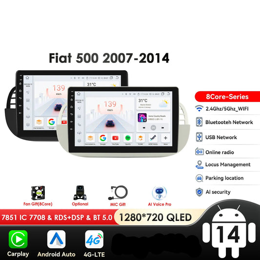 FIAT 500 2007-2015 9" Android 14 Carplay Android auto wireless wifi bt gps 4g AUTMMD9W