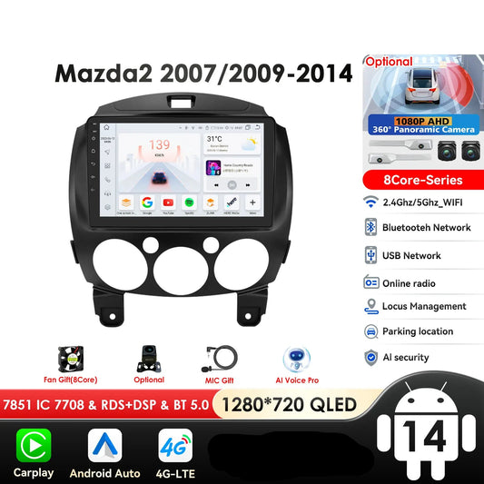 MAZDA 2 Mazda2 2007 - 2014 9" Android 14 Carplay Android auto wireless wifi bt gps 4g AUTMZVDM2