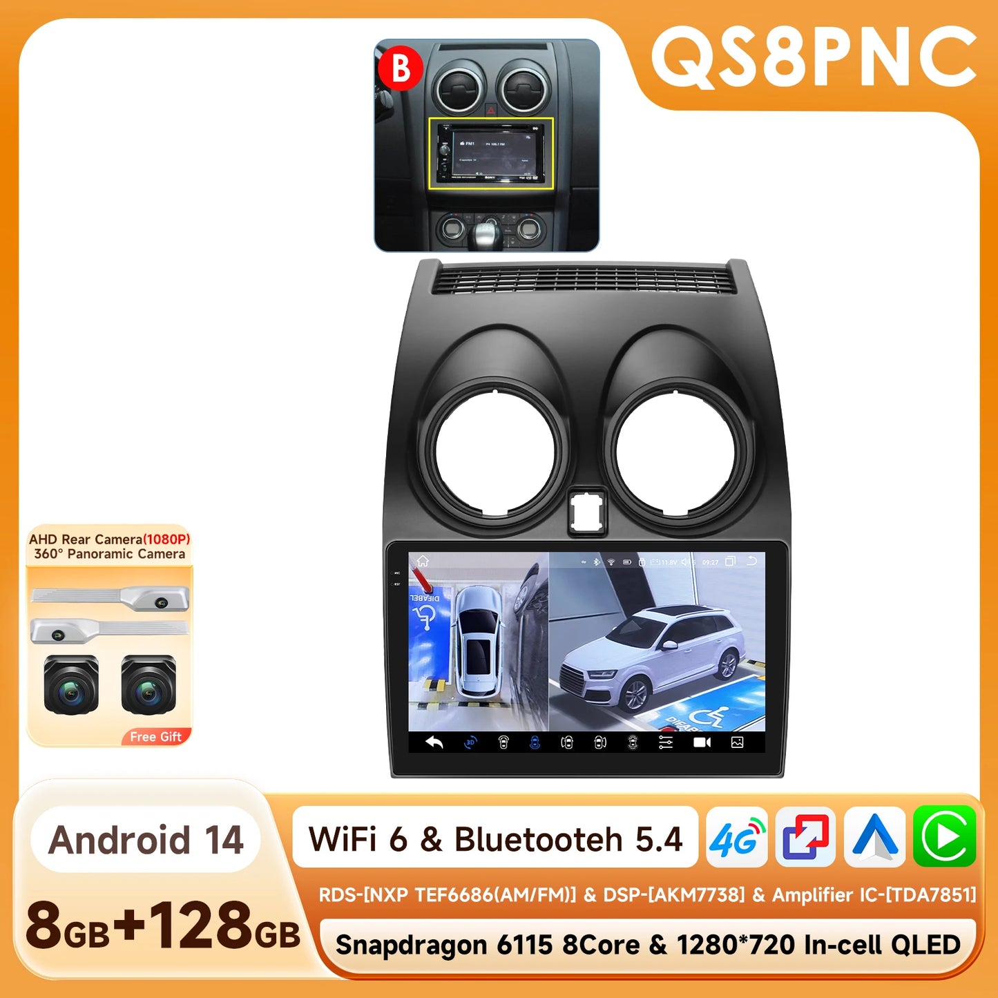 Nissan Qashqai J10 2006-2013 9" Android 14 Carplay Android auto wireless wifi bt gps 4g AUTM63FU