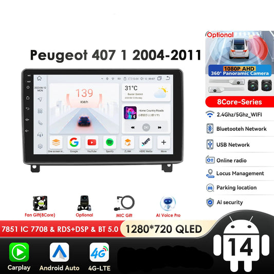 Peugeot 407 1  2004-2011 9" Android 14 Carplay Android auto wireless wifi bt gps 4g AUTMRWH2