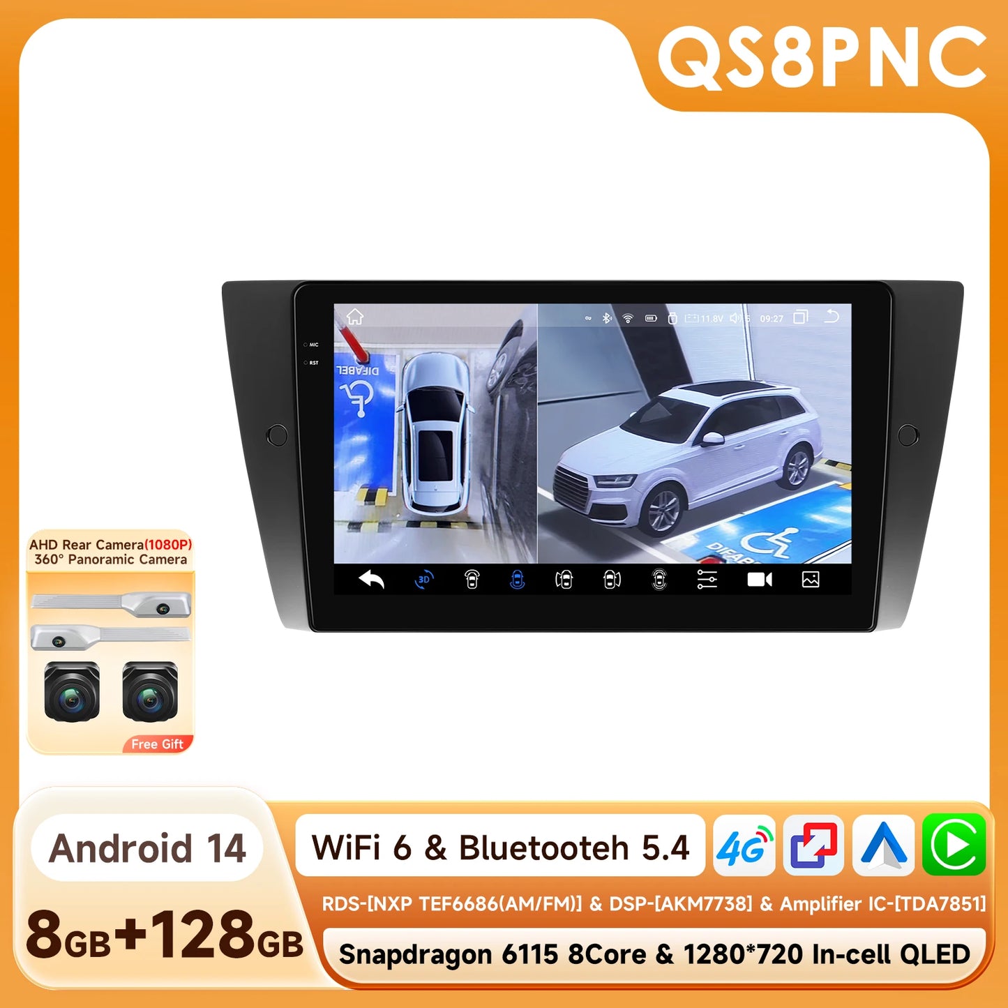 BMW 3 Series E90 E91 E92 E93 2005-2012 9" Android 14 Carplay Android auto wireless wifi bt gps 4g AUTMRSG5
