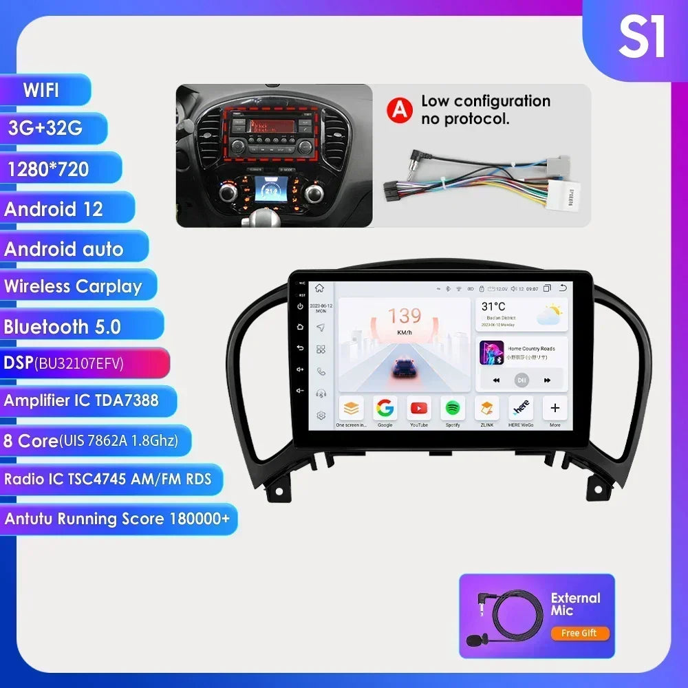 Nissan Juke YF15 2010-2014 9" Android 14 Carplay Android auto wireless wifi bt gps 4g AUTMKJSN