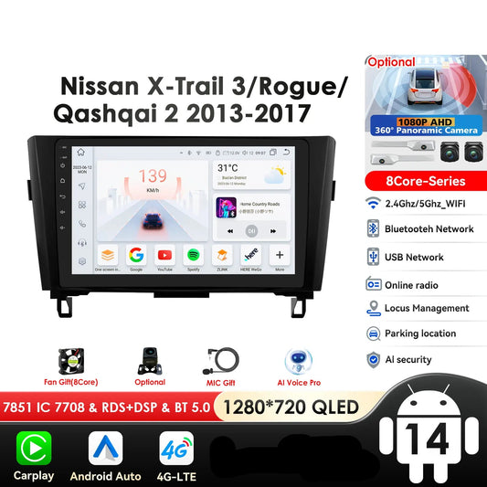 Nissan X-Trail Xtrail X Trail 3 T32 Qashqai 2 J11 2014-2018  10" Android 14 Carplay Android auto wireless wifi bt gps 4g AUTMSINJ11