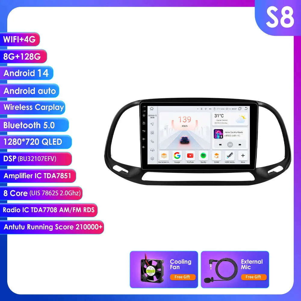Fiat Doblo 2015-2019  9''/ 10.33''  Android 14 Carplay Android auto wireless wifi bt gps 4g AUTMKO9J