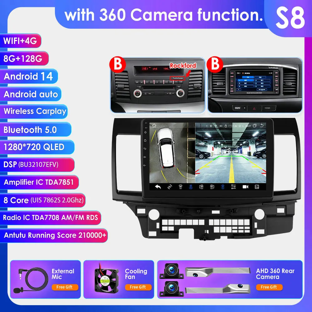 Mitsubishi Lancer 2007-2012 9" Android 14 Carplay Android auto wireless wifi bt gps 4g AUTMLCRMT