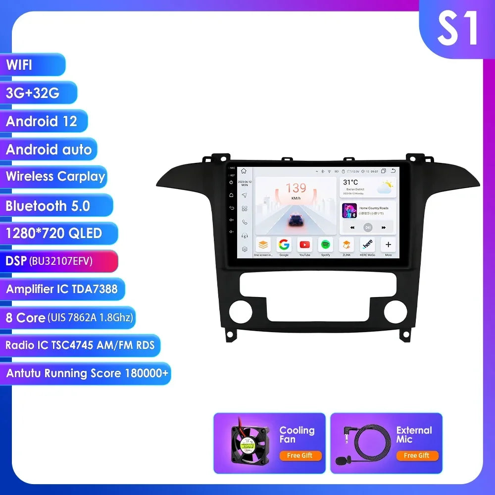 Ford S Max S-MAX 2007-2015 9" Android 14 Carplay Android auto wireless wifi bt gps 4g  AUTMUZ3Y