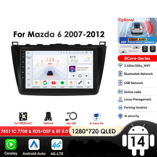 Mazda 6 2007 - 2012 9" Android 14 Carplay Android auto wireless wifi bt gps 4g AUTMJSBD