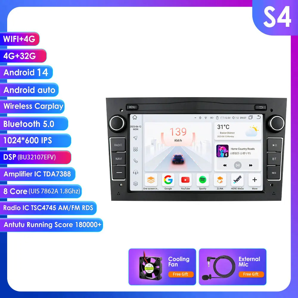 Opel Astra H J 2004 Vectra Vauxhall Antara Zafira Corsa C D Vivaro Meriva 7" Android 14 Carplay Android auto wireless wifi bt gps 4g   AUTMV0E4