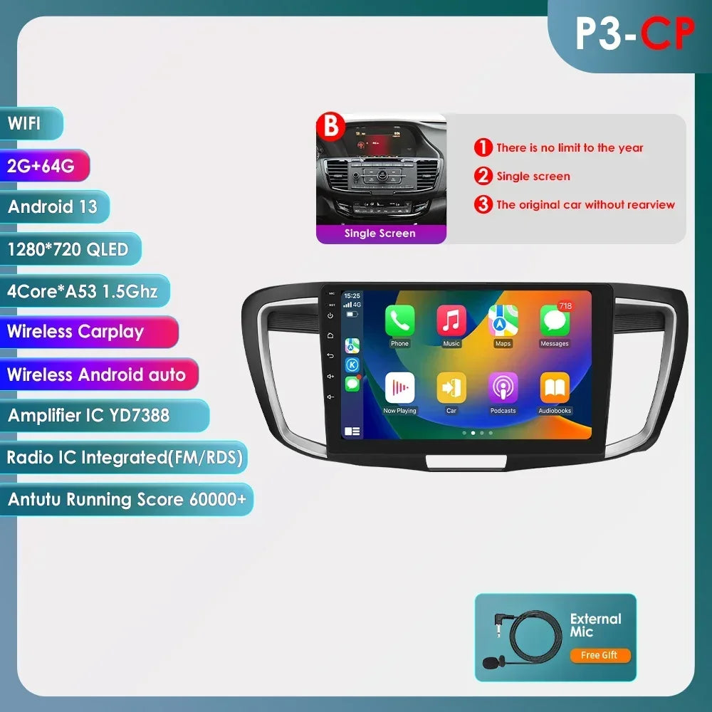 Honda ACCORD 9 2.0L 2.4L 2012  -2018  9"  Android 14 Carplay Android auto wireless wifi bt gps 4g  AUTMA22DH