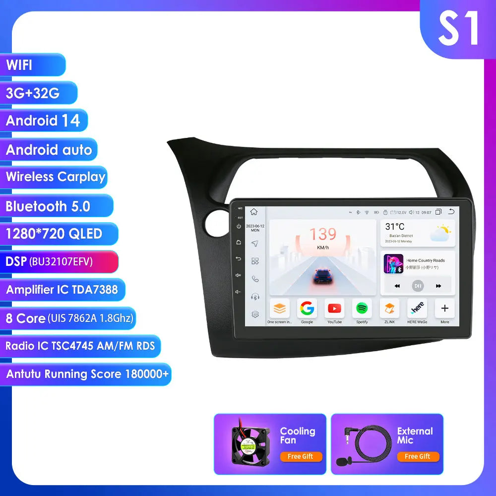 Honda Civic Hatchback 2005-2011 9" Android 14 Carplay Android auto wireless wifi bt gps 4g AUTMKCHCA
