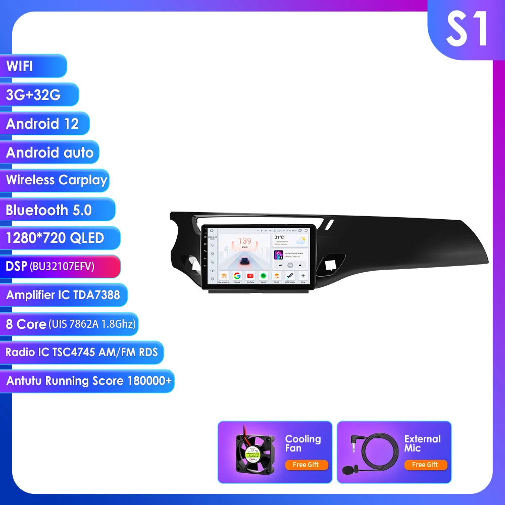 Citroen C3 DS3 2010-2016 Android 14 9" CarPlay Android Auto Radio RDS WIFI GPS BT 4G Car Multimedia autoradio AUTMATRDS3