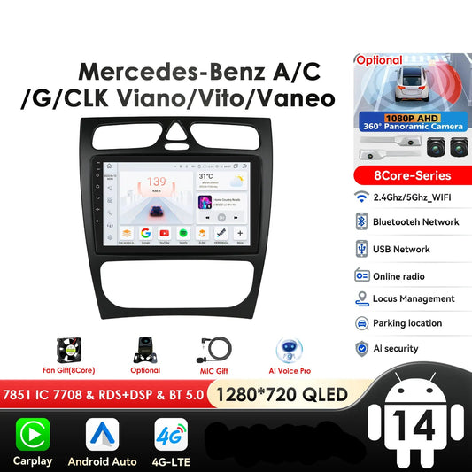 Mercedes-Benz A W168 C W203 G W463 Viano Vito CLK Class C209 1998-2006 9" Android 14 Carplay Android auto wireless wifi bt gps 4g  AUTMZH0A