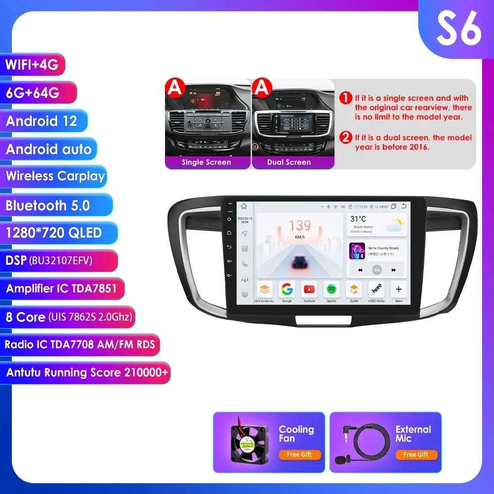 Honda ACCORD 9 2.0L 2.4L 2012  -2018  9"  Android 14 Carplay Android auto wireless wifi bt gps 4g  AUTMA22DH