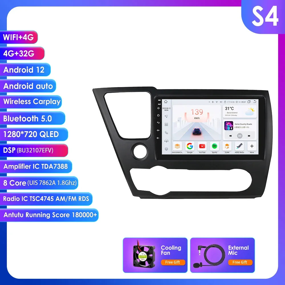 Honda Civic 2013-2016 9" Android 14 Carplay Android auto wireless wifi bt gps 4g AUTMCTVR7