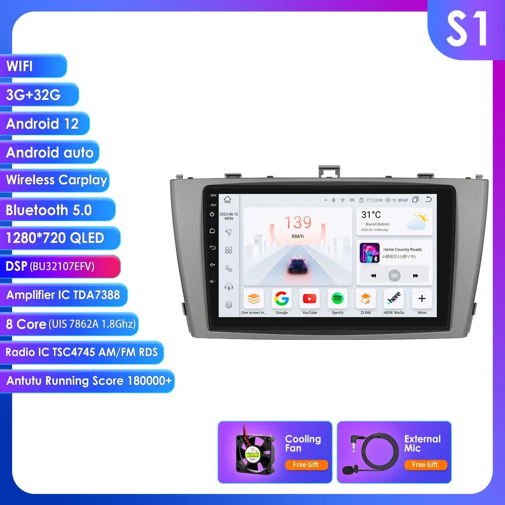 Toyota Avensis T27 2008 - 2015 9" Android 14 Carplay Android auto wireless wifi bt gps 4g  AUTMAVSTY