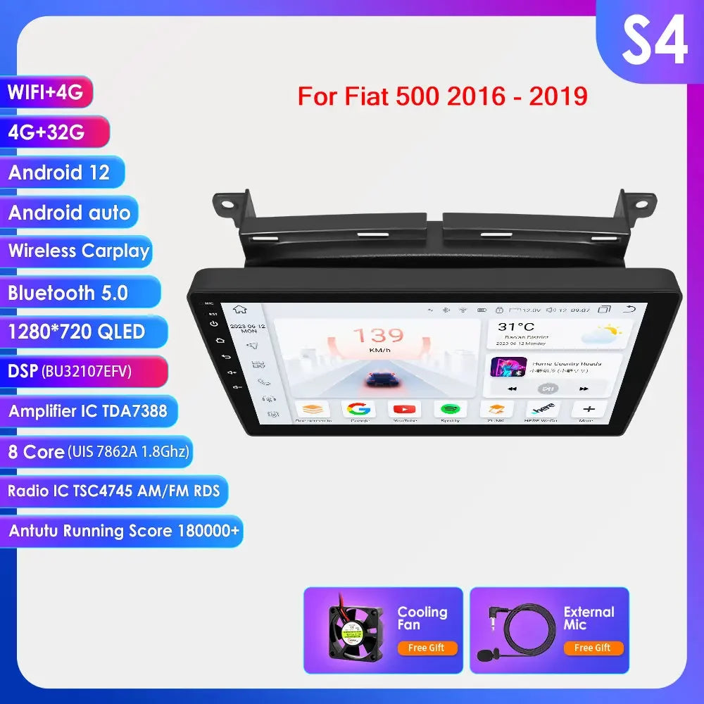 Fiat 500 2016 -2019  9"/10,33" Android 14 Carplay Android auto wireless wifi bt gps 4g AUTM7LJI