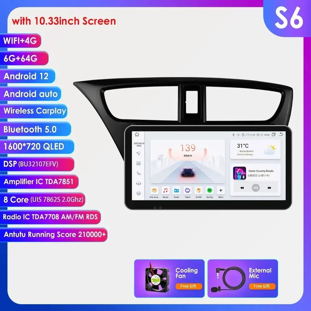 Honda Civic 9 FK FB 2012 - 2017 9" Android 14 Carplay Android auto wireless wifi bt gps 4g AUTMSGOW