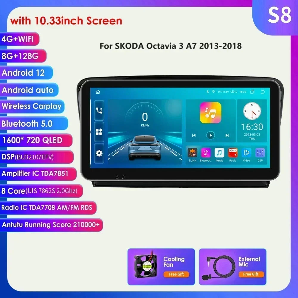 Skoda Octavia 2 A5 2008- 2013   10,1" / 10,33" Android 14 Carplay Android auto wireless wifi bt gps 4g  AUTM7NCO