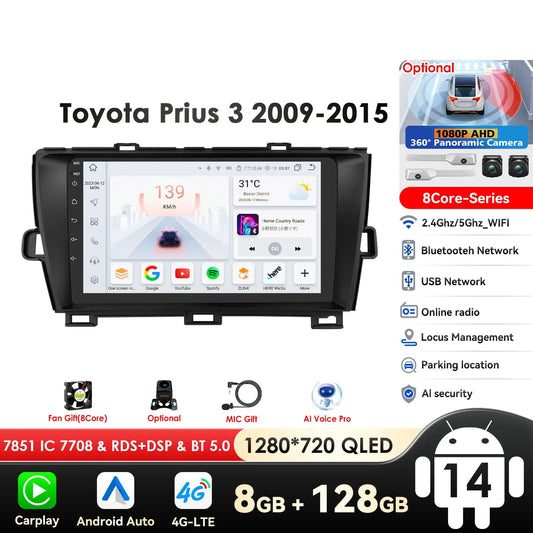 Toyota Prius XW30 2009-2015 9"Android 14 Carplay Android auto wireless wifi bt gps 4g RDS AUTMTAPY