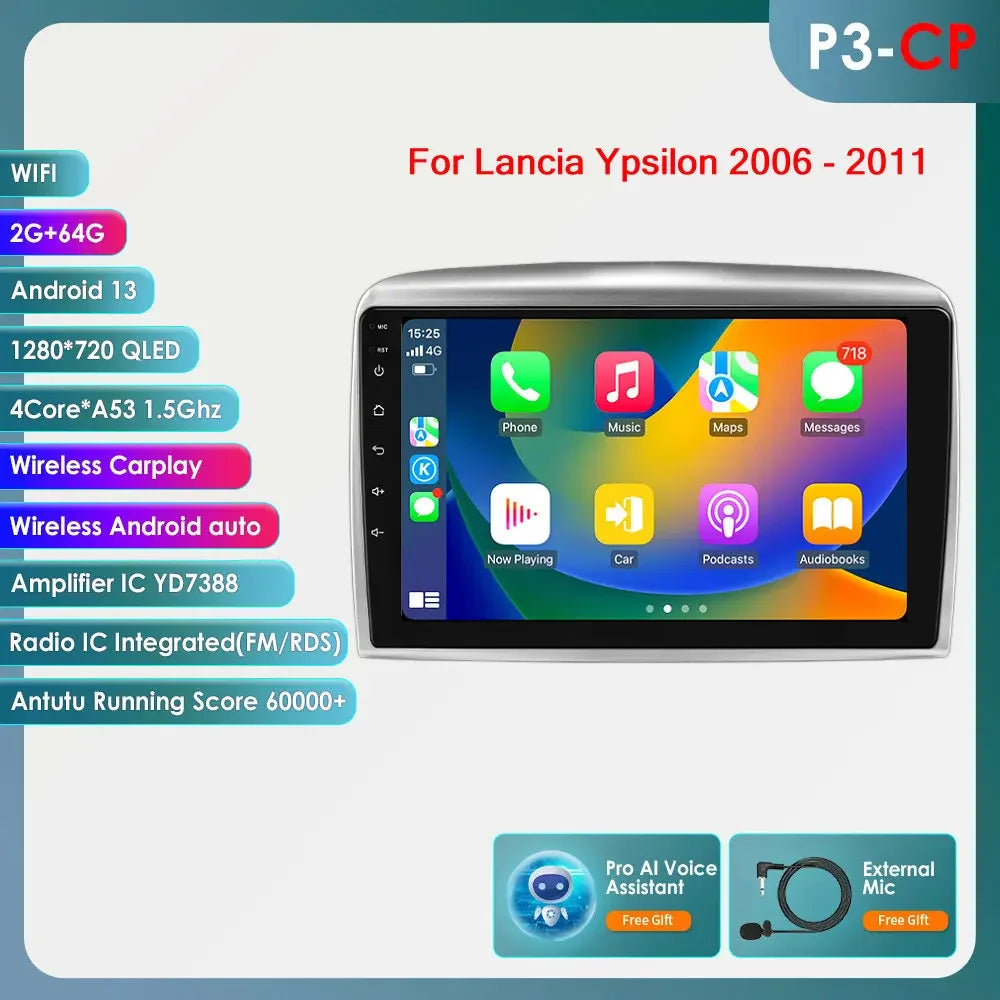 Lancia Ypsilon 2006 - 2011 9" / 10,33" Android 14 Carplay Android auto wireless wifi bt gps 4g  AUTMNYFZ