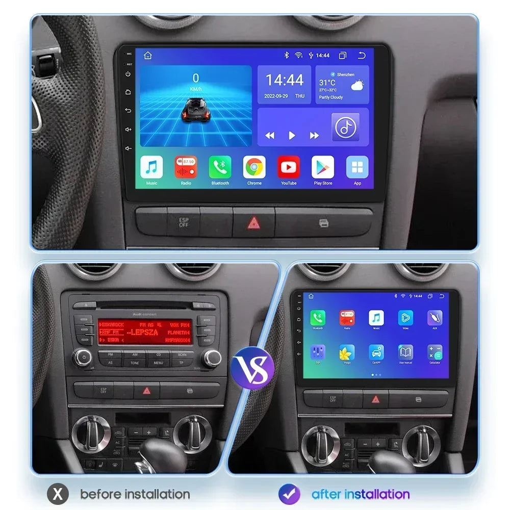 Audi RS3 Sportback A3 8P S3 2003-2012 9" Android 14 Carplay Android auto wireless wifi bt gps 4g  AUTMS8L6