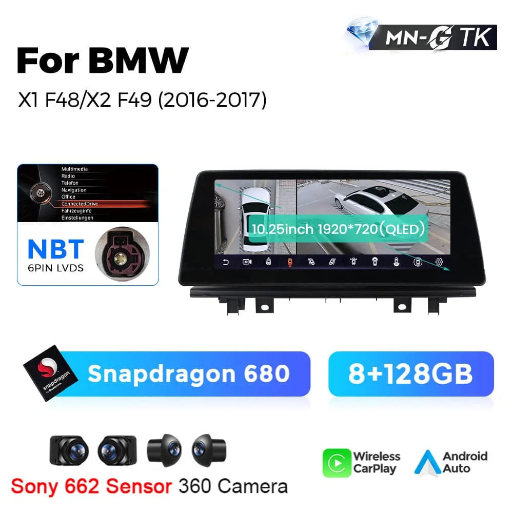 BMW X1 X2 F48 F49 F39 2016-2020 NBT EVO 10,25"  Qualcomm 668/680 Wireless CarPlay Android Auto  Multimedia   HD 1920*720 QLED Dual BT 4G LTE Supporta 360 Camera AHD WIFI  AUTM5B86