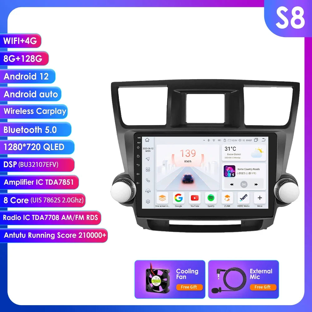 Toyota Highlander Kluger 2 XU40 2007 - 2013  9" Android 14 Carplay Android auto wireless wifi bt gps 4g   AUTMHIGTY