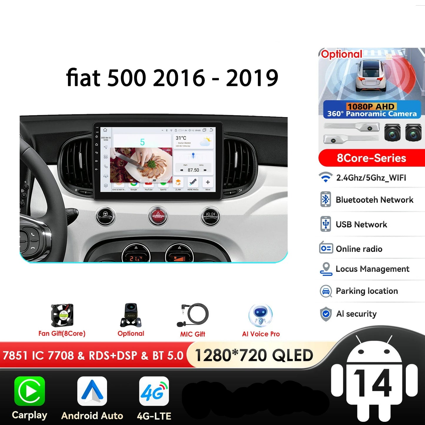 Fiat 500 2016 -2019  9"/10,33" Android 14 Carplay Android auto wireless wifi bt gps 4g AUTM7LJI