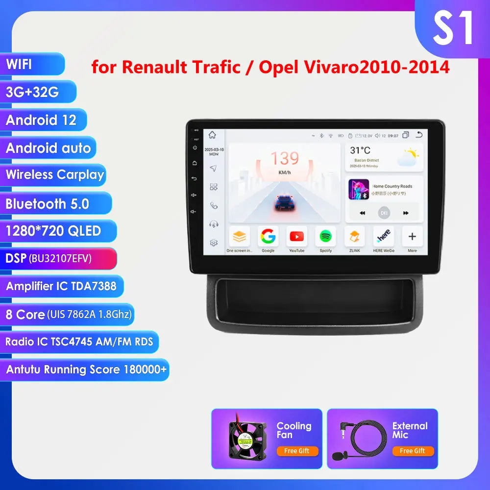 Renault Trafic Opel Vivaro 2010 - 2014  9" Android 14 Carplay Android auto wireless wifi bt gps 4g  AUTMQFMG