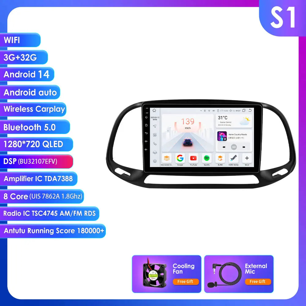 Fiat Doblo 2015-2019  9''/ 10.33''  Android 14 Carplay Android auto wireless wifi bt gps 4g AUTMKO9J