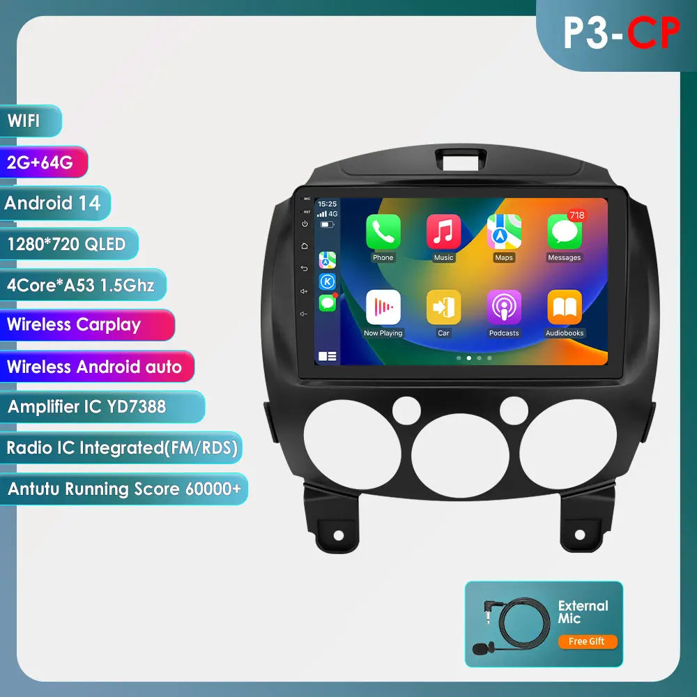 MAZDA 2 Mazda2 2007 - 2014 9" Android 14 Carplay Android auto wireless wifi bt gps 4g AUTMZVDM2