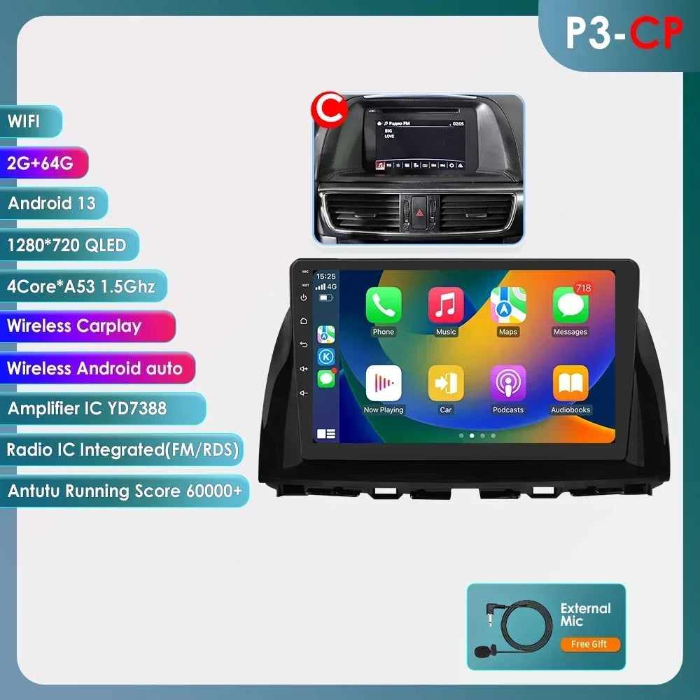 Mazda CX5 CX-5 CX 5 2012 - 2015 9" Android 14 Carplay Android auto wireless wifi bt gps 4g  AUTMAPJJ