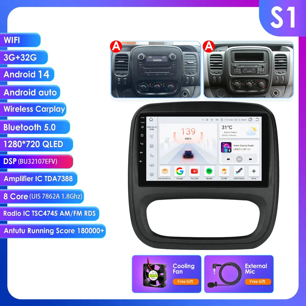 Renault Trafic 3 / Opel Vivaro B 2014-2021 9" 10.33''  9" Android 14 Carplay Android auto wireless wifi bt gps 4g AUTMUYH9