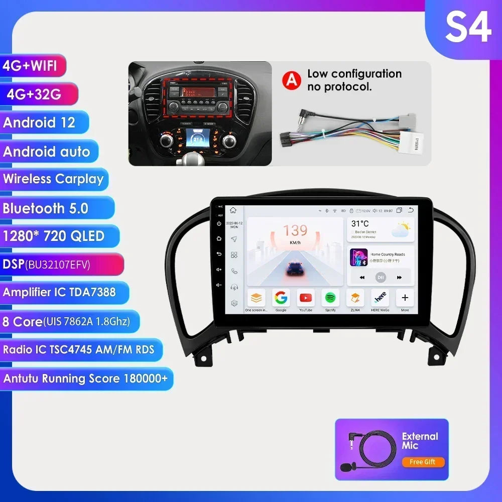 Nissan Juke YF15 2010-2014 9" Android 14 Carplay Android auto wireless wifi bt gps 4g AUTMKJSN