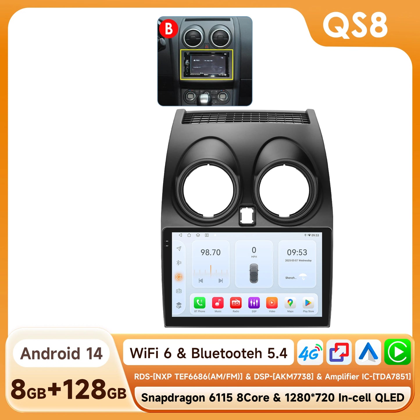 Nissan Qashqai J10 2006-2013 9" Android 14 Carplay Android auto wireless wifi bt gps 4g AUTM63FU