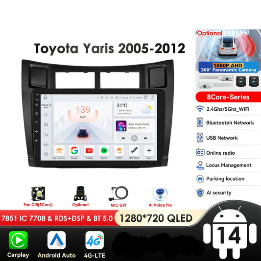 Toyota Yaris 2005-2012 9" Android 14 Carplay Android auto wireless wifi bt gps 4g AUTMT2N6
