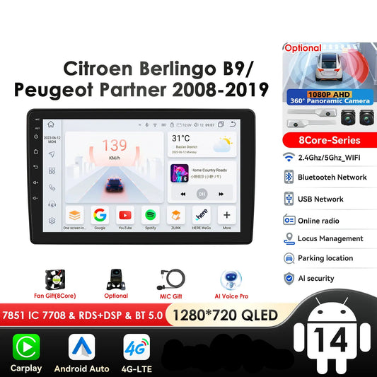 Citroen Berlingo 2 B9 / Peugeot Partner 2008-2019 9" Android 14 Carplay Android auto wireless wifi bt gps 4g  AUTM8CQ4