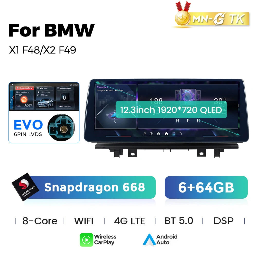 BMW X1 X2 F48 F49 F39 2016-2020 NBT EVO 10,25"  Qualcomm 668/680 Wireless CarPlay Android Auto  Multimedia   HD 1920*720 QLED Dual BT 4G LTE Supporta 360 Camera AHD WIFI  AUTM5B86
