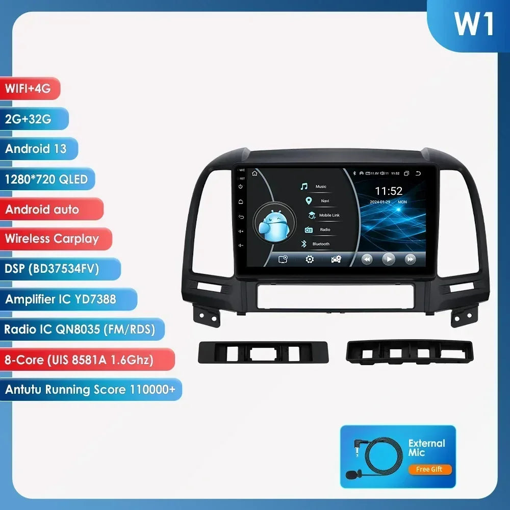 Hyundai Santa Fe 2 2006 - 2012 9" Android 14 Carplay Android auto wireless wifi bt gps 4g  AUTMC8Y7
