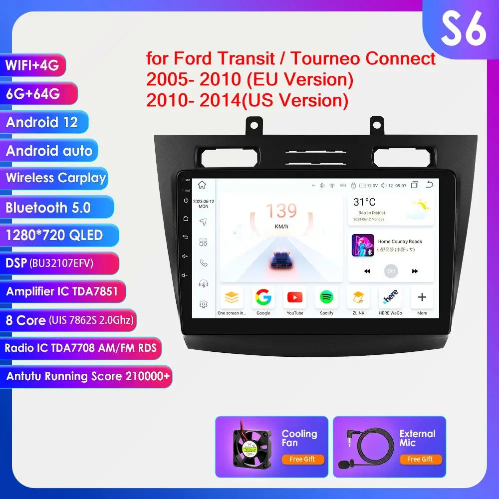 Ford Transit Tourneo Connect  2005 - 2014  9" Android 14 Carplay Android auto wireless wifi bt gps 4g  AUTMC11Z