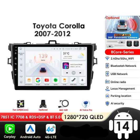 Toyota Corolla E140/150 2007 - 2011 9" Android 14 Carplay Android auto wireless wifi bt gps 4g   AUTMCRLTY