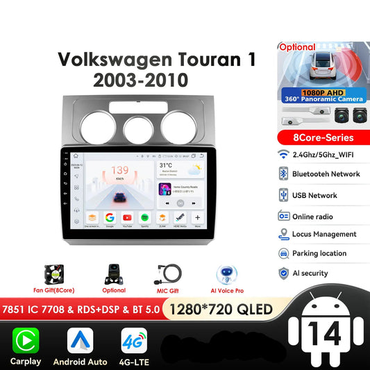 Volkswagen Touran 1 2003-2010 9" / 10,33" Android 14 Carplay Android auto wireless wifi bt gps 4g AUTMN784