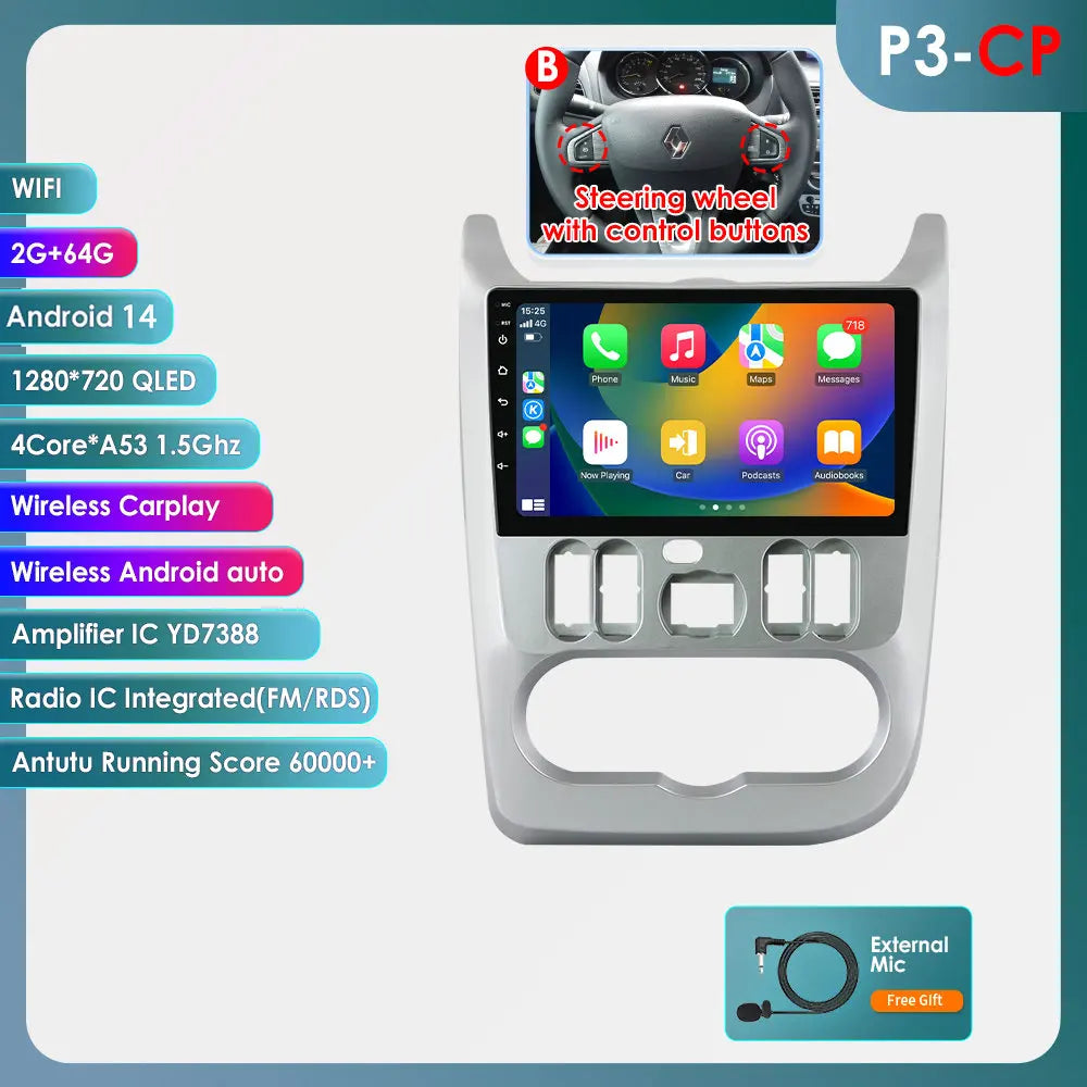 Dacia Logan I Sandero 2009-2015 9" Android 14 Carplay Android auto wireless wifi bt gps 4g  AUTMVG9Z