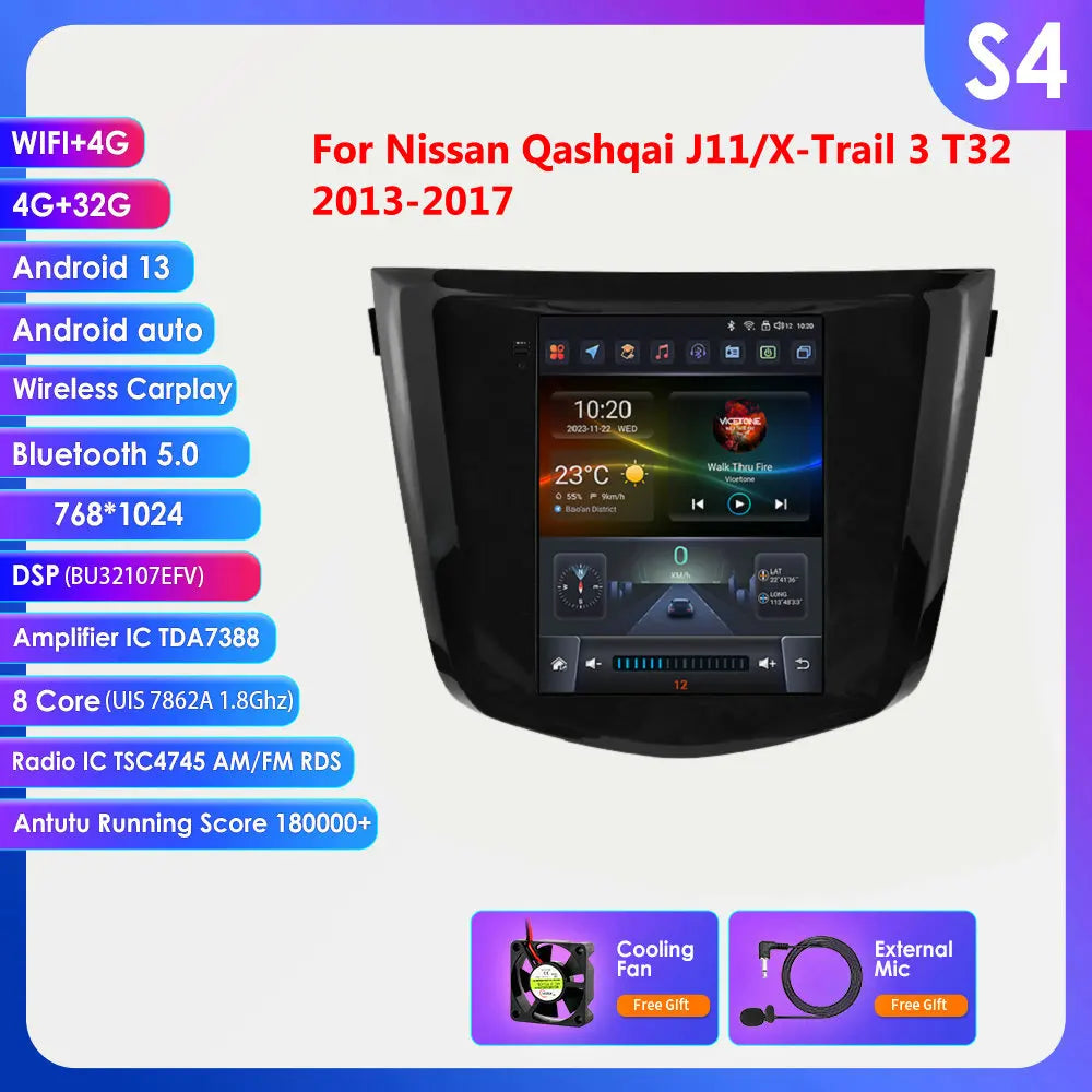 Nissan Qashqai J11 X-Trail 3 T32 2013-2017 9" Android 14 Carplay Android auto wireless wifi bt gps 4g  AUTM5DN7