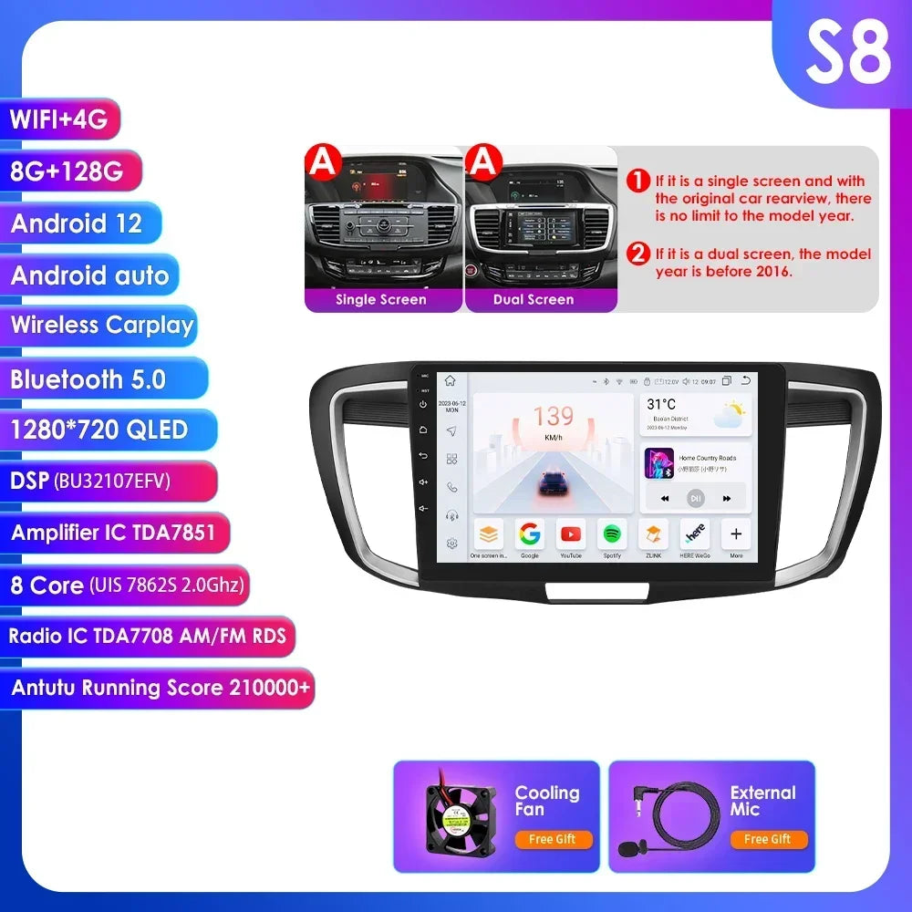 Honda ACCORD 9 2.0L 2.4L 2012  -2018  9"  Android 14 Carplay Android auto wireless wifi bt gps 4g  AUTMA22DH