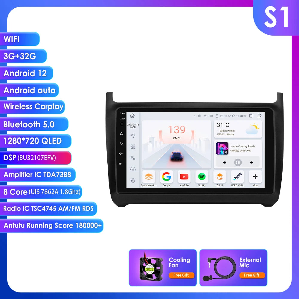 Volkswagen Polo 5 2009-2020 9" Android 14 Carplay Android auto wireless wifi bt gps 4g AUTMWHJD