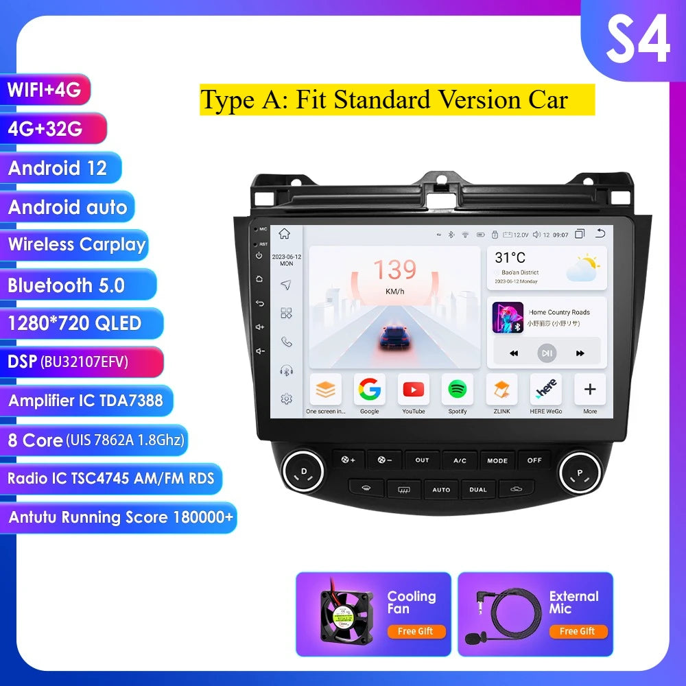 Honda Accord 7 2003 - 2007 9" Android 14 Carplay Android auto wireless wifi bt gps 4g AUTMDROH