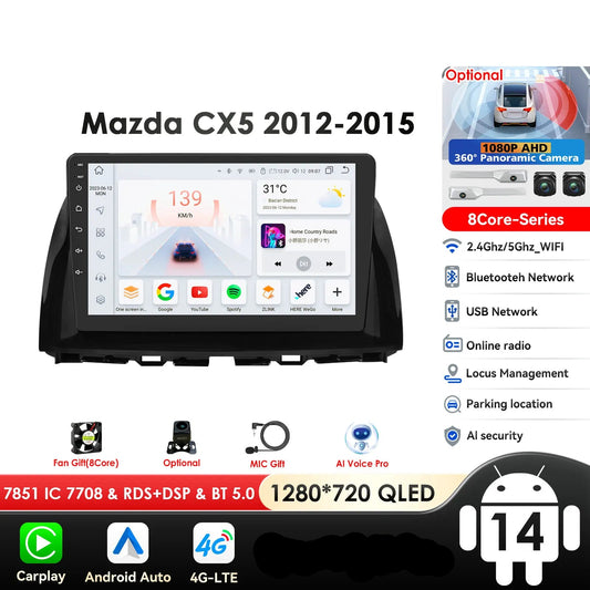 Mazda CX5 CX-5 CX 5 2012 - 2015 9" Android 14 Carplay Android auto wireless wifi bt gps 4g  AUTMAPJJ